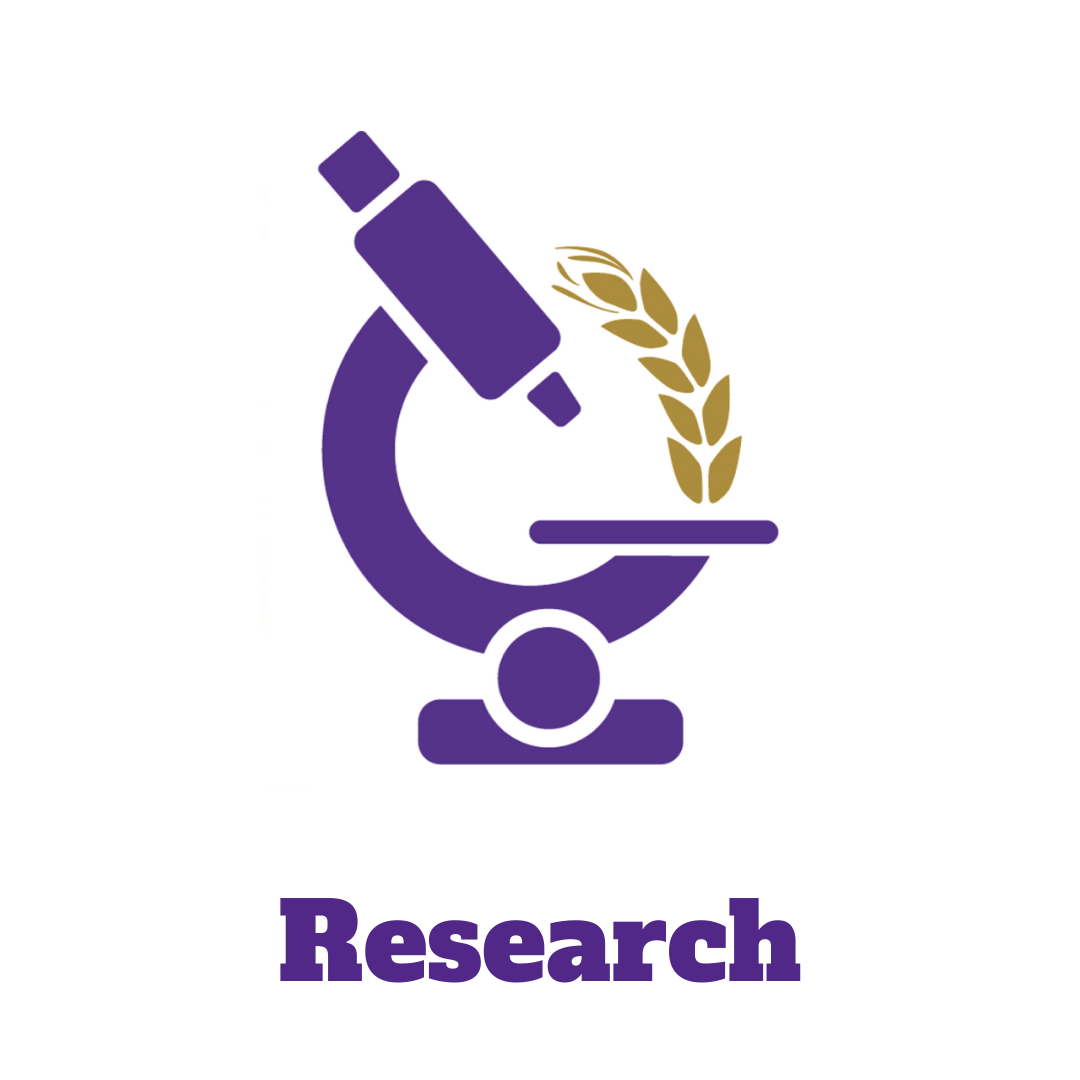 purple microscope with a sprig of wheat and the word "research"